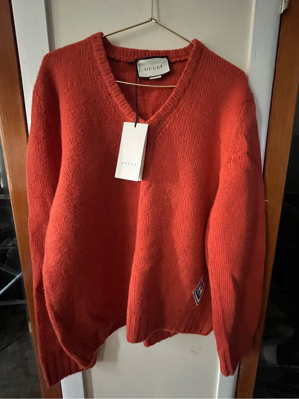 Gucci Men’s V-Neck Orange-Red Knit Sweater